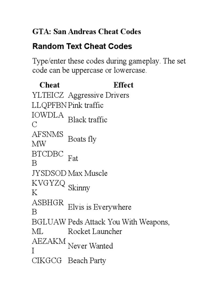 GTA San Andreas Cheat Codes, PDF, Leisure